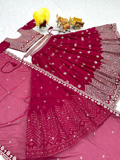 Ravishing Pink Color Heavy Faux Georgette And Embroidery 7mm Sequence Work With Belt Beautiful Lehenga Choli