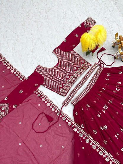 Ravishing Pink Color Heavy Faux Georgette And Embroidery 7mm Sequence Work With Belt Beautiful Lehenga Choli