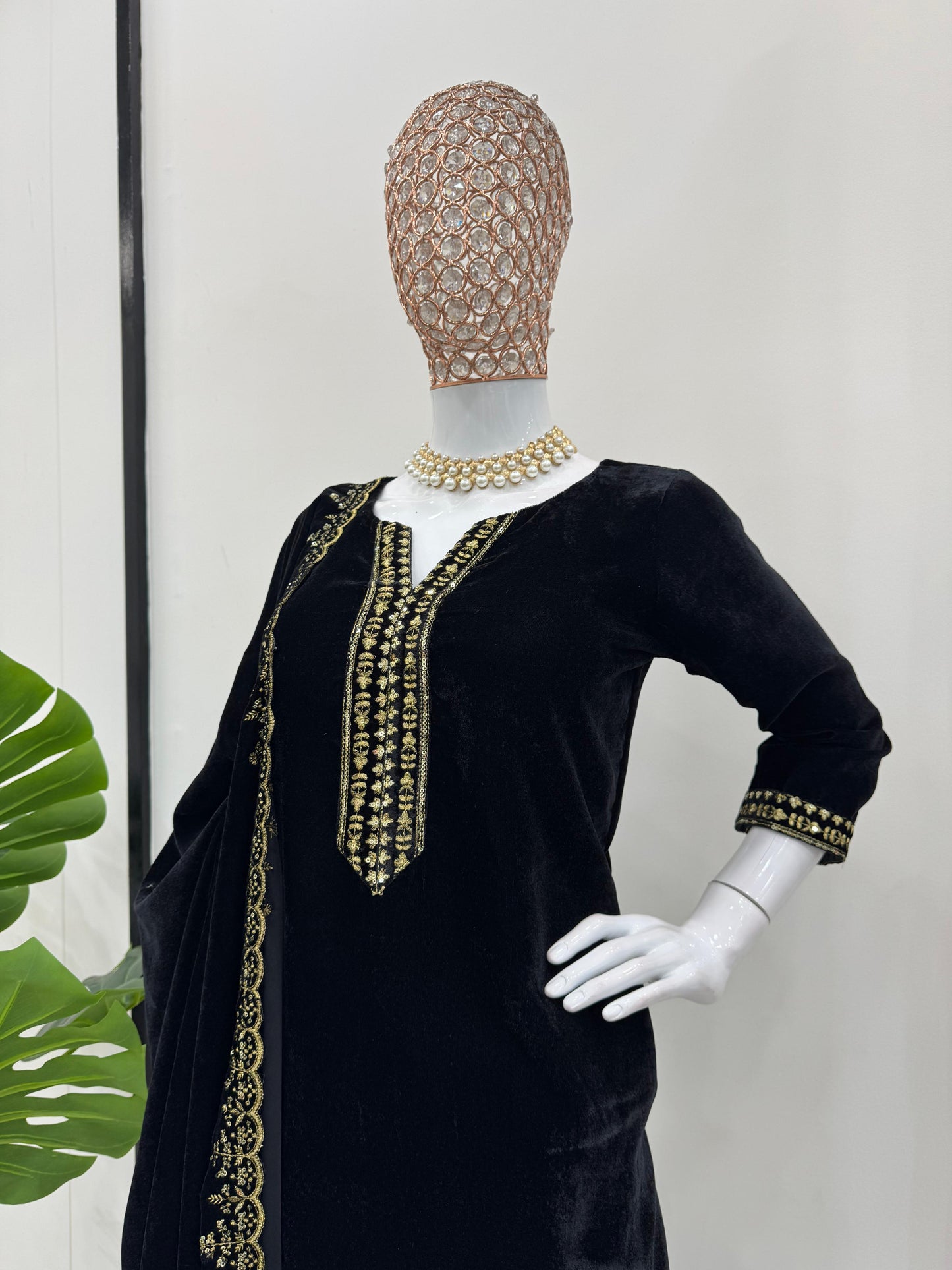 Graceful Black Color Viscos Velvet And Thread With Sequence Work Designer Velvet Salwar Suit