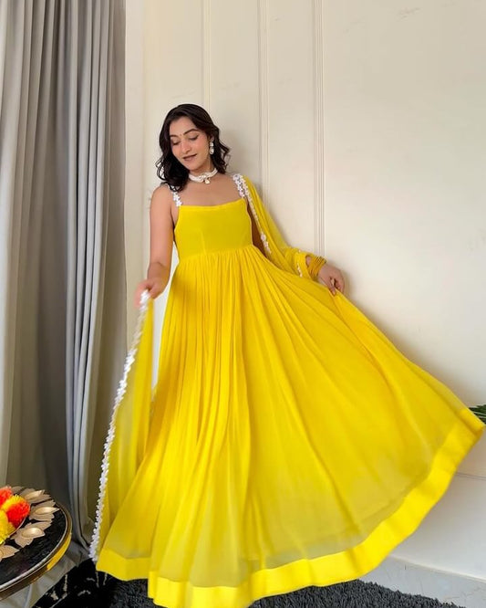 Pretty Yellow Color Pure Georgette Anarkali Huge Flair Suit With Designer Lace Anarkali Gown