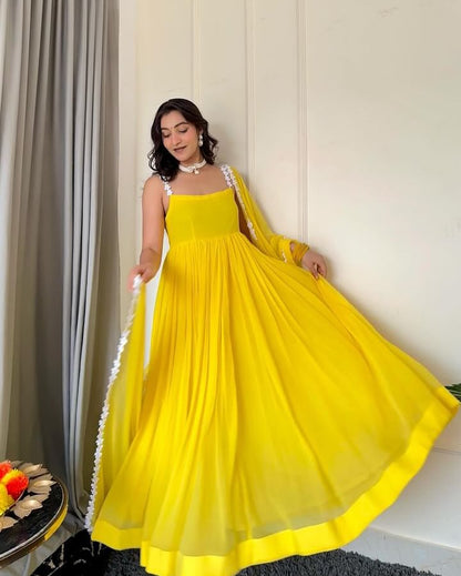 Pretty Yellow Color Pure Georgette Anarkali Huge Flair Suit With Designer Lace Anarkali Gown