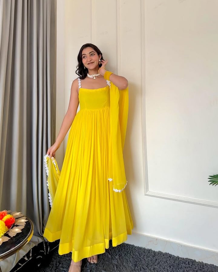 Pretty Yellow Color Pure Georgette Anarkali Huge Flair Suit With Designer Lace Anarkali Gown