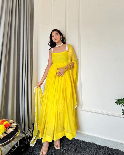 Pretty Yellow Color Pure Georgette Anarkali Huge Flair Suit With Designer Lace Anarkali Gown