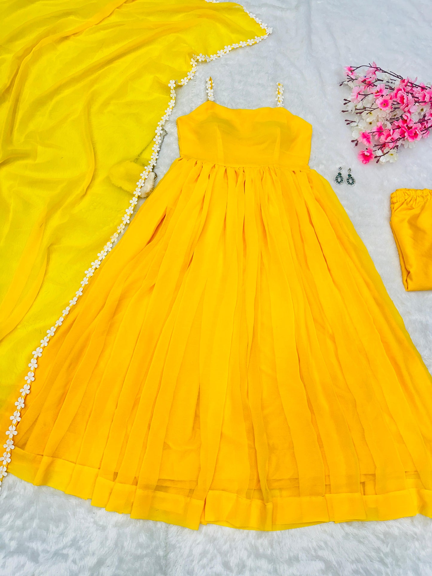 Pretty Yellow Color Pure Georgette Anarkali Huge Flair Suit With Designer Lace Anarkali Gown