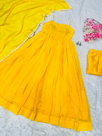 Pretty Yellow Color Pure Georgette Anarkali Huge Flair Suit With Designer Lace Anarkali Gown