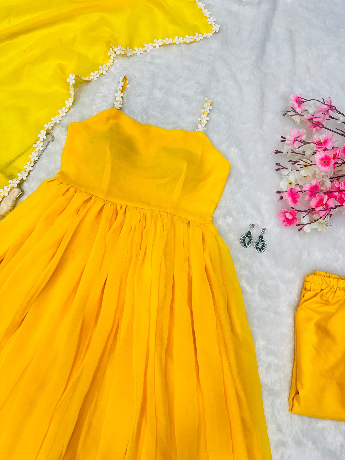 Pretty Yellow Color Pure Georgette Anarkali Huge Flair Suit With Designer Lace Anarkali Gown