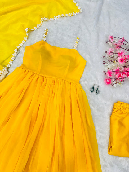Pretty Yellow Color Pure Georgette Anarkali Huge Flair Suit With Designer Lace Anarkali Gown