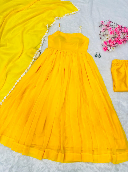Pretty Yellow Color Pure Georgette Anarkali Huge Flair Suit With Designer Lace Anarkali Gown