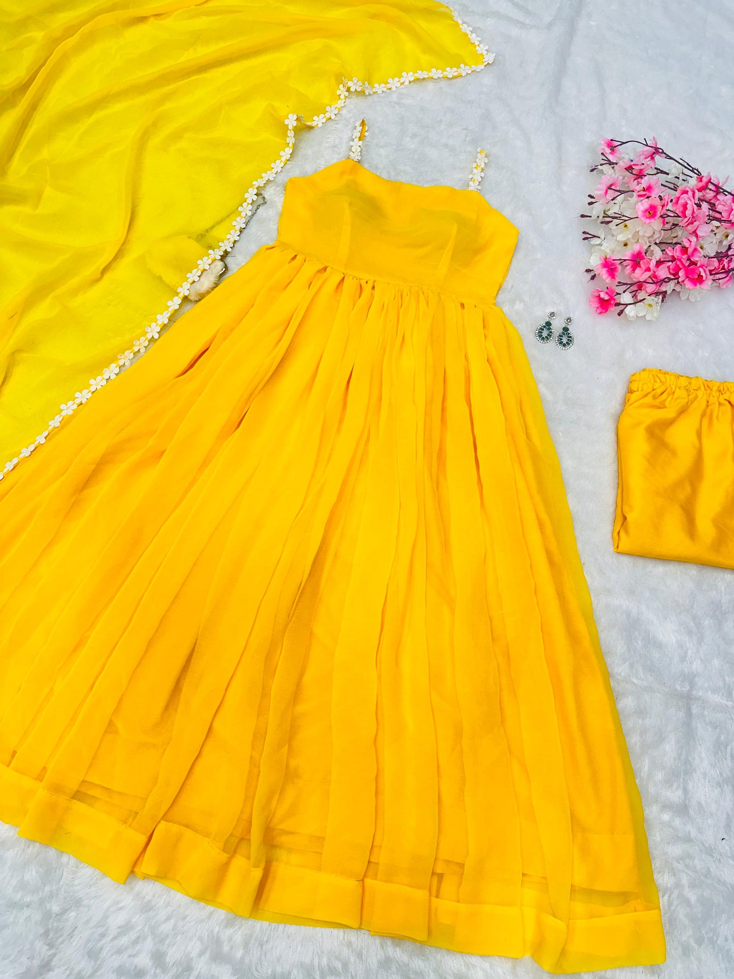 Pretty Yellow Color Pure Georgette Anarkali Huge Flair Suit With Designer Lace Anarkali Gown
