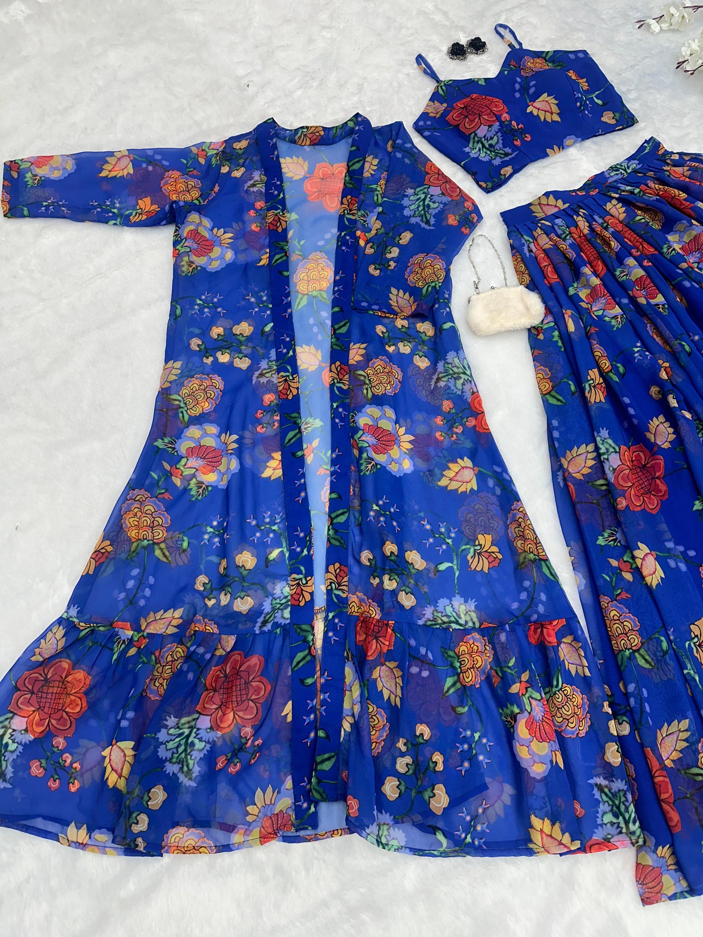 Reception Wear Printed Georgette Fully Stitched With Canvas Patta And Shrug With Lehenga Choli