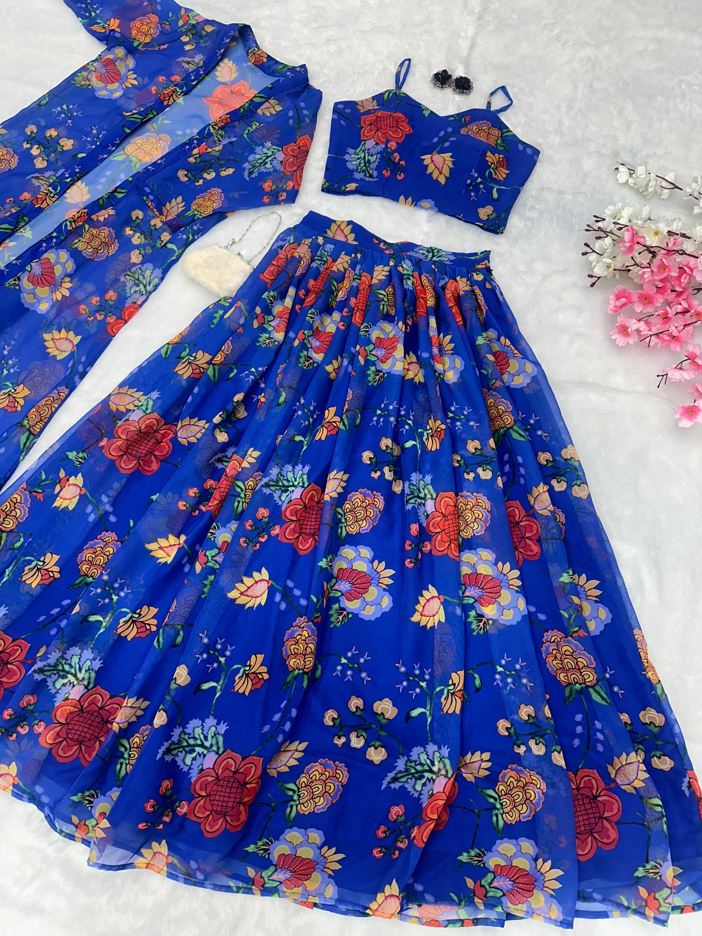 Reception Wear Printed Georgette Fully Stitched With Canvas Patta And Shrug With Lehenga Choli