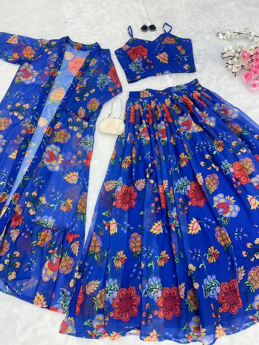 Reception Wear Printed Georgette Fully Stitched With Canvas Patta And Shrug With Lehenga Choli