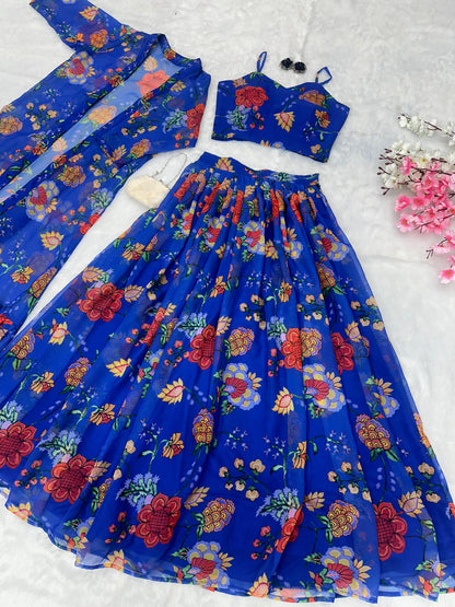 Reception Wear Printed Georgette Fully Stitched With Canvas Patta And Shrug With Lehenga Choli