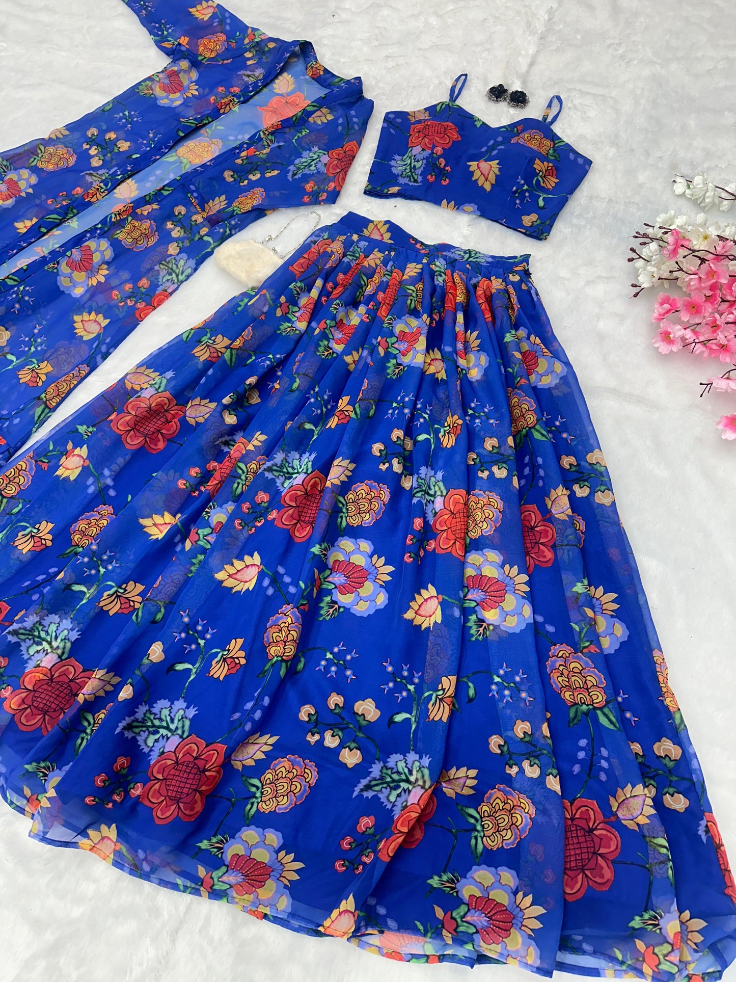 Reception Wear Printed Georgette Fully Stitched With Canvas Patta And Shrug With Lehenga Choli