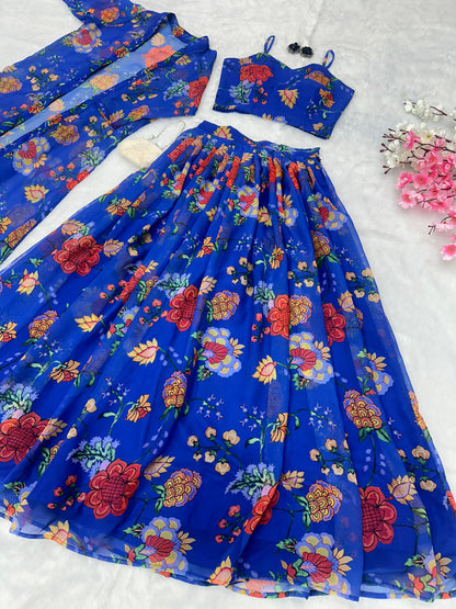 Reception Wear Printed Georgette Fully Stitched With Canvas Patta And Shrug With Lehenga Choli