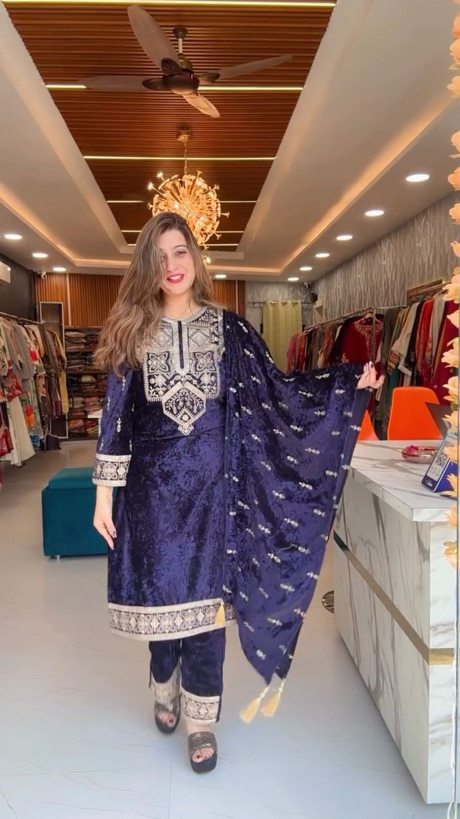 Traditional Wear Navy Blue Color Velvet Salwar Suit