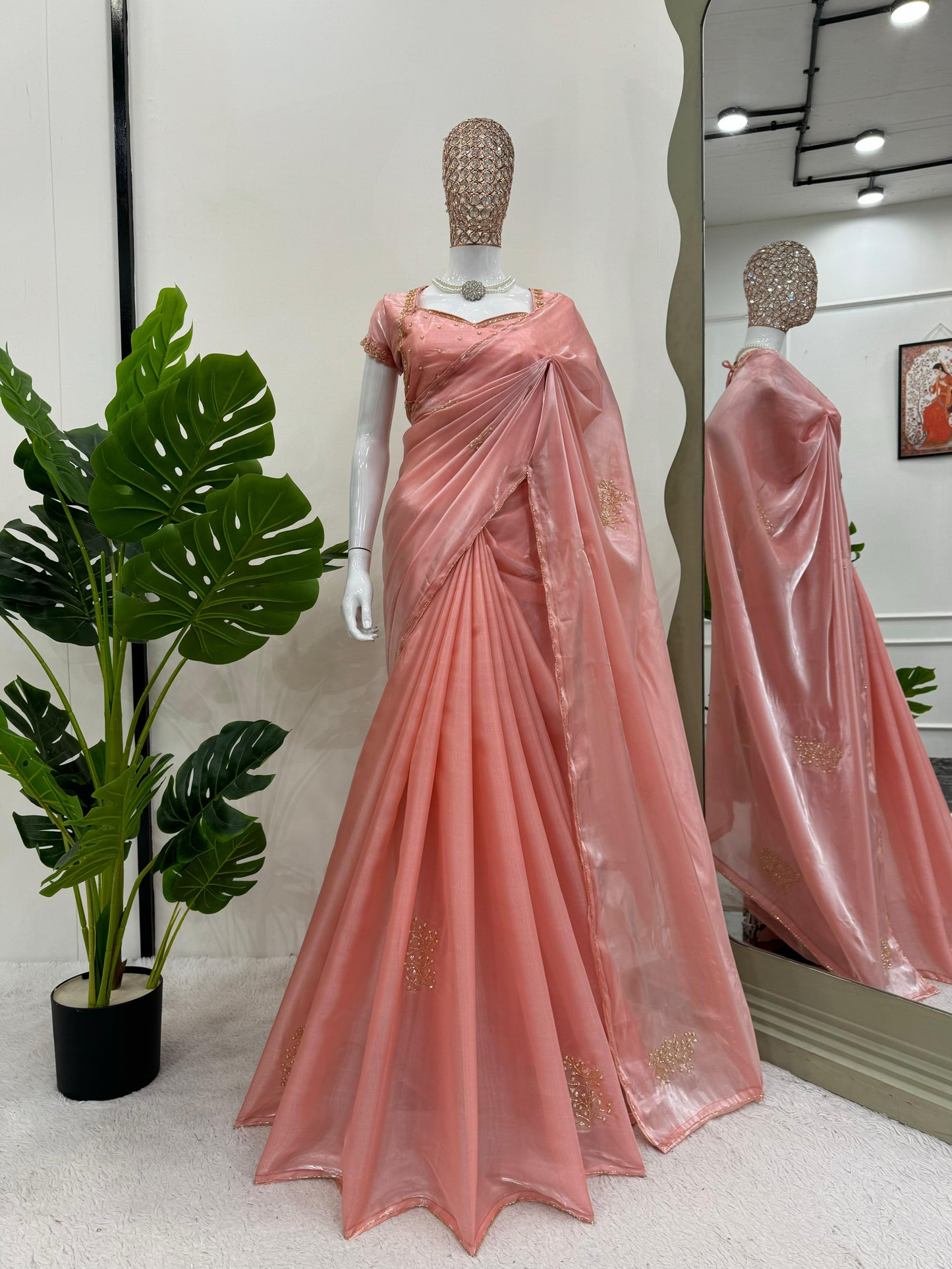 Fabulous Peach Color Jimmy Choo Silk With Hand Work Beautiful Organza Saree