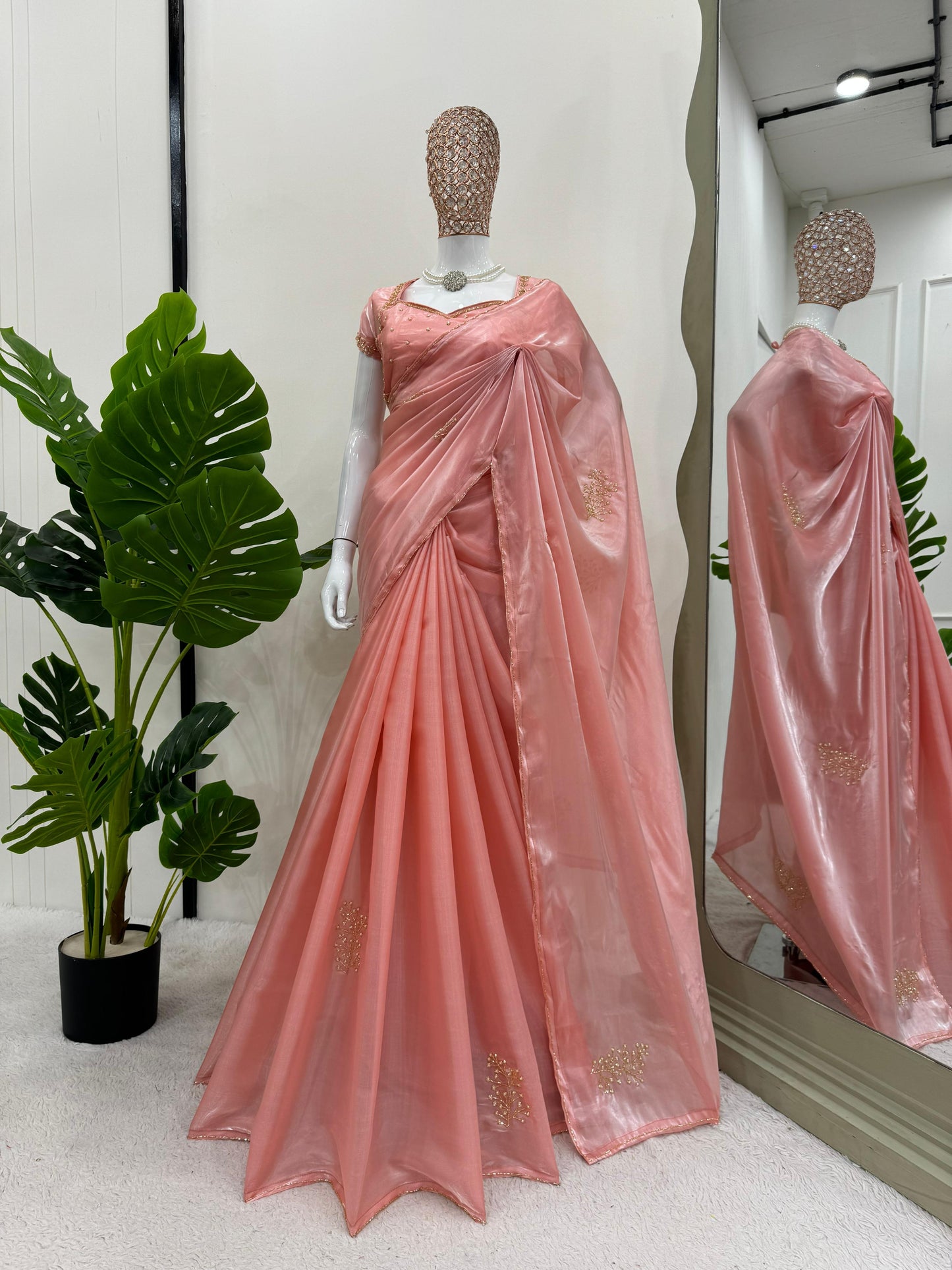 Fabulous Peach Color Jimmy Choo Silk With Hand Work Beautiful Organza Saree