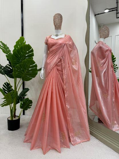 Fabulous Peach Color Jimmy Choo Silk With Hand Work Beautiful Organza Saree