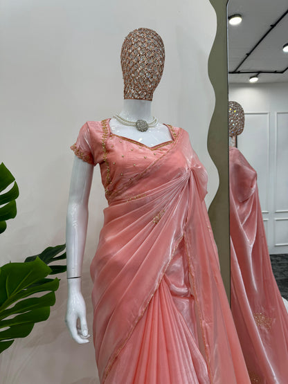 Fabulous Peach Color Jimmy Choo Silk With Hand Work Beautiful Organza Saree