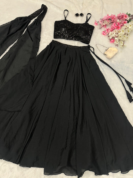Wedding Wear Black Color Georgette Sequence Work Designer Lehenga Choli
