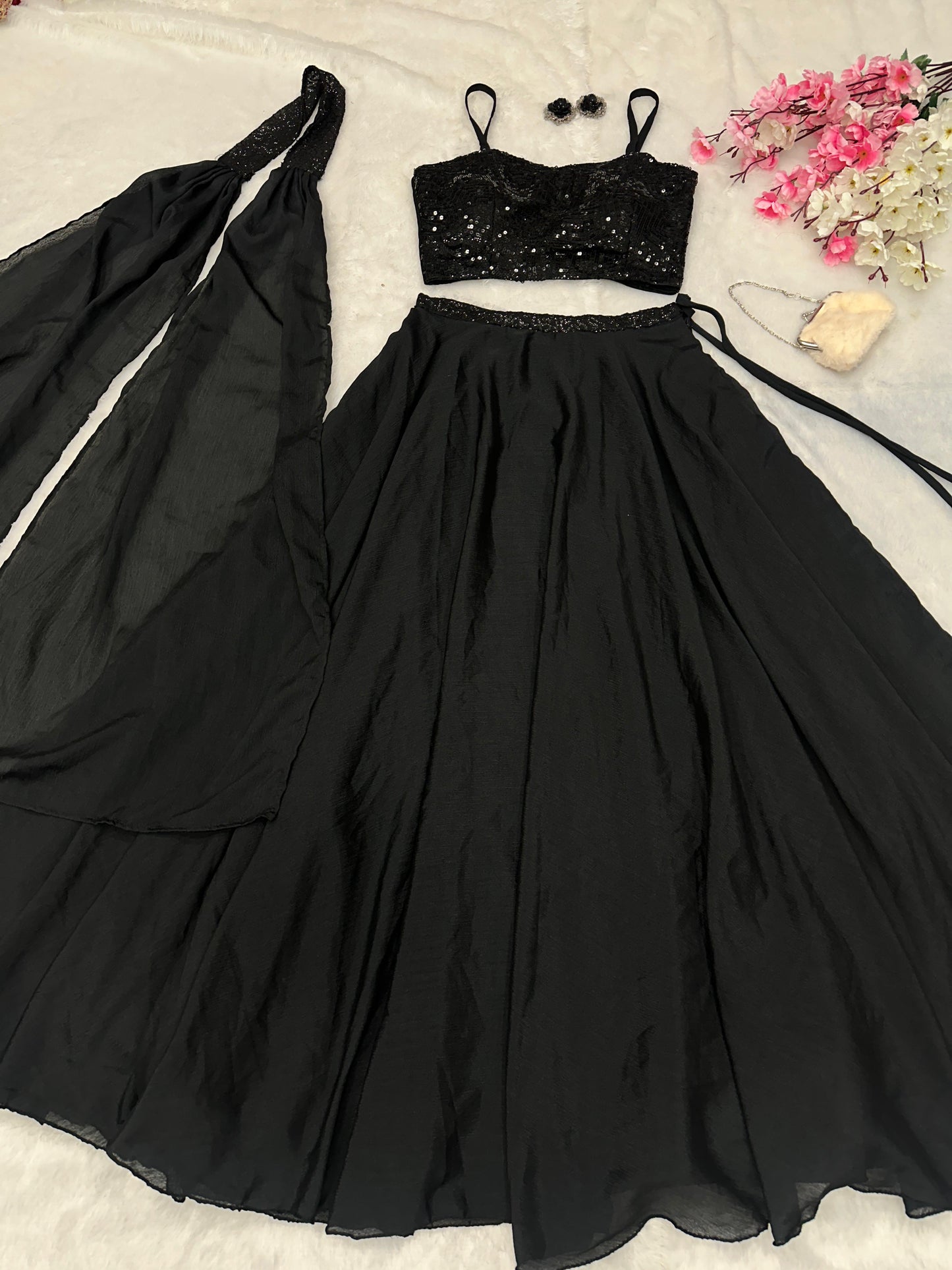 Wedding Wear Black Color Georgette Sequence Work Designer Lehenga Choli
