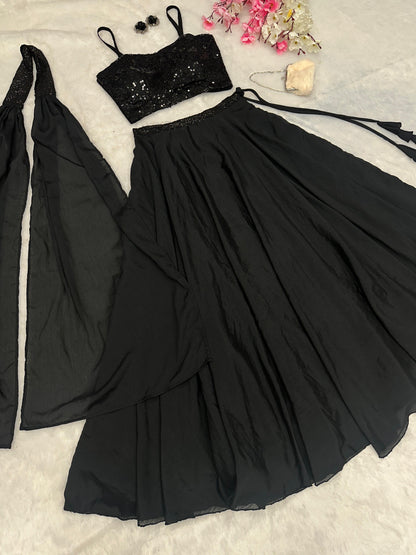 Wedding Wear Black Color Georgette Sequence Work Designer Lehenga Choli