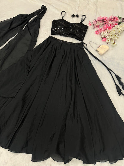 Wedding Wear Black Color Georgette Sequence Work Designer Lehenga Choli