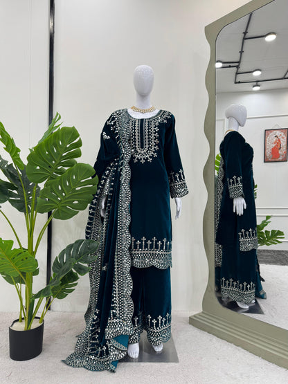 Eyes Catching Teal Green Color Viscos Velvet And Thread With Sequence Work Designer Salwar Suit