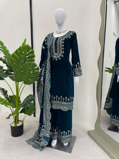 Eyes Catching Teal Green Color Viscos Velvet And Thread With Sequence Work Designer Salwar Suit