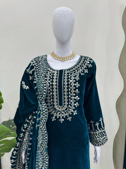 Eyes Catching Teal Green Color Viscos Velvet And Thread With Sequence Work Designer Salwar Suit