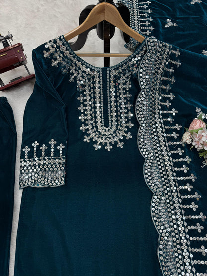 Eyes Catching Teal Green Color Viscos Velvet And Thread With Sequence Work Designer Salwar Suit