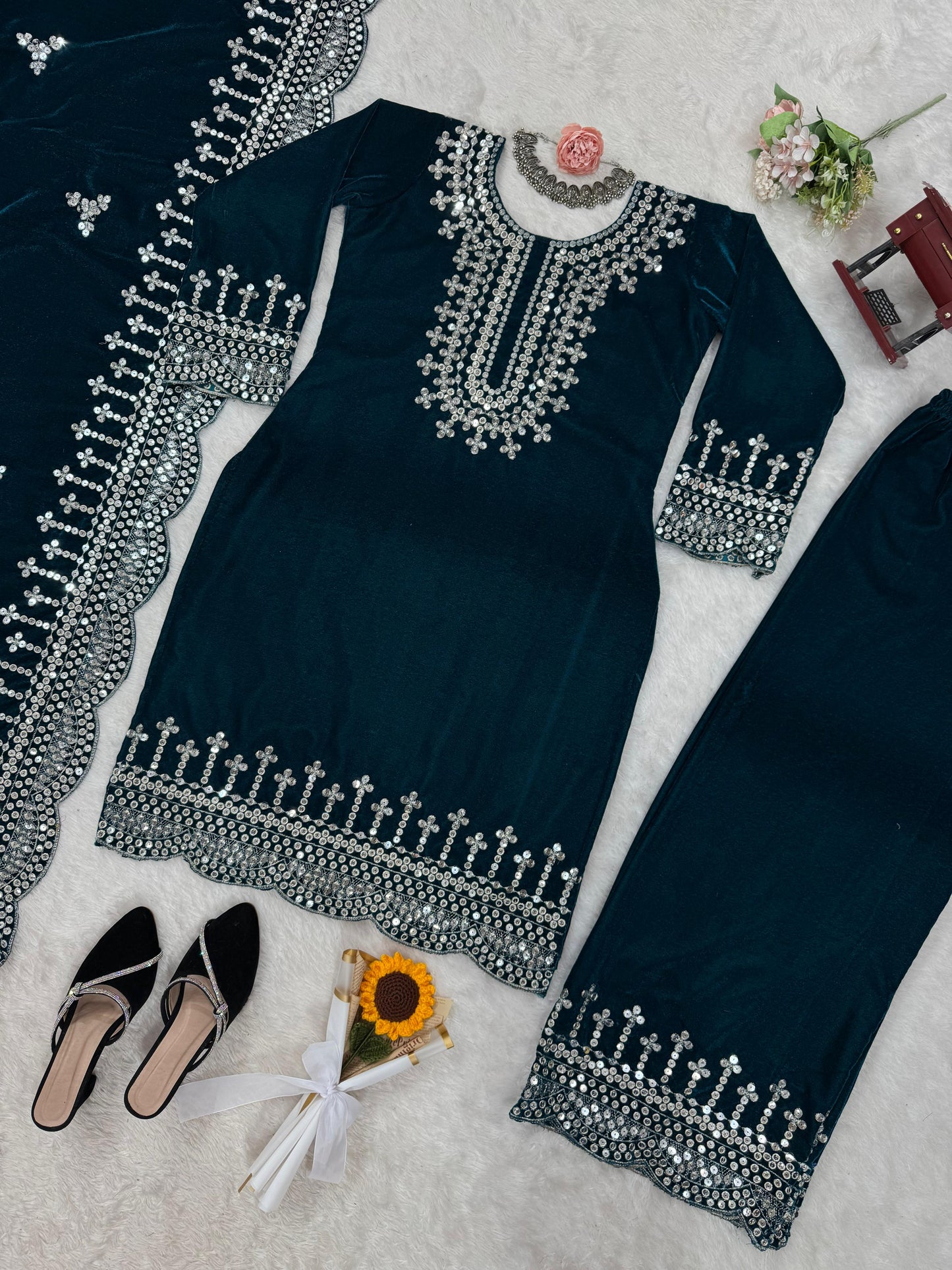 Eyes Catching Teal Green Color Viscos Velvet And Thread With Sequence Work Designer Salwar Suit