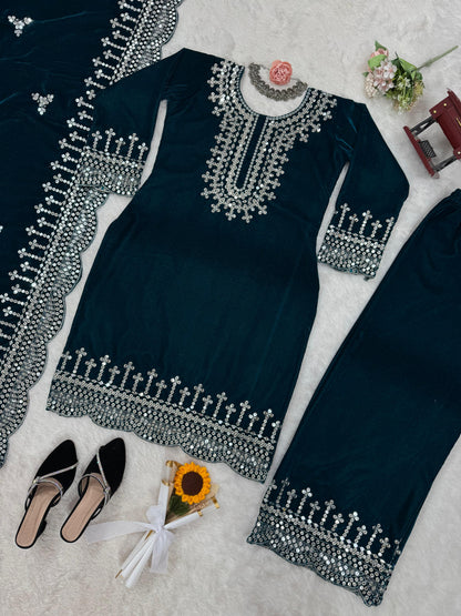 Eyes Catching Teal Green Color Viscos Velvet And Thread With Sequence Work Designer Salwar Suit