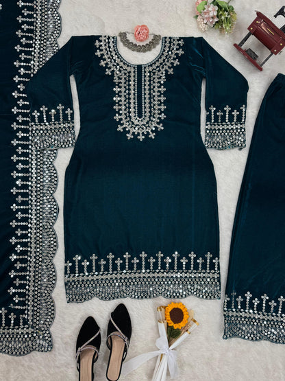 Eyes Catching Teal Green Color Viscos Velvet And Thread With Sequence Work Designer Salwar Suit