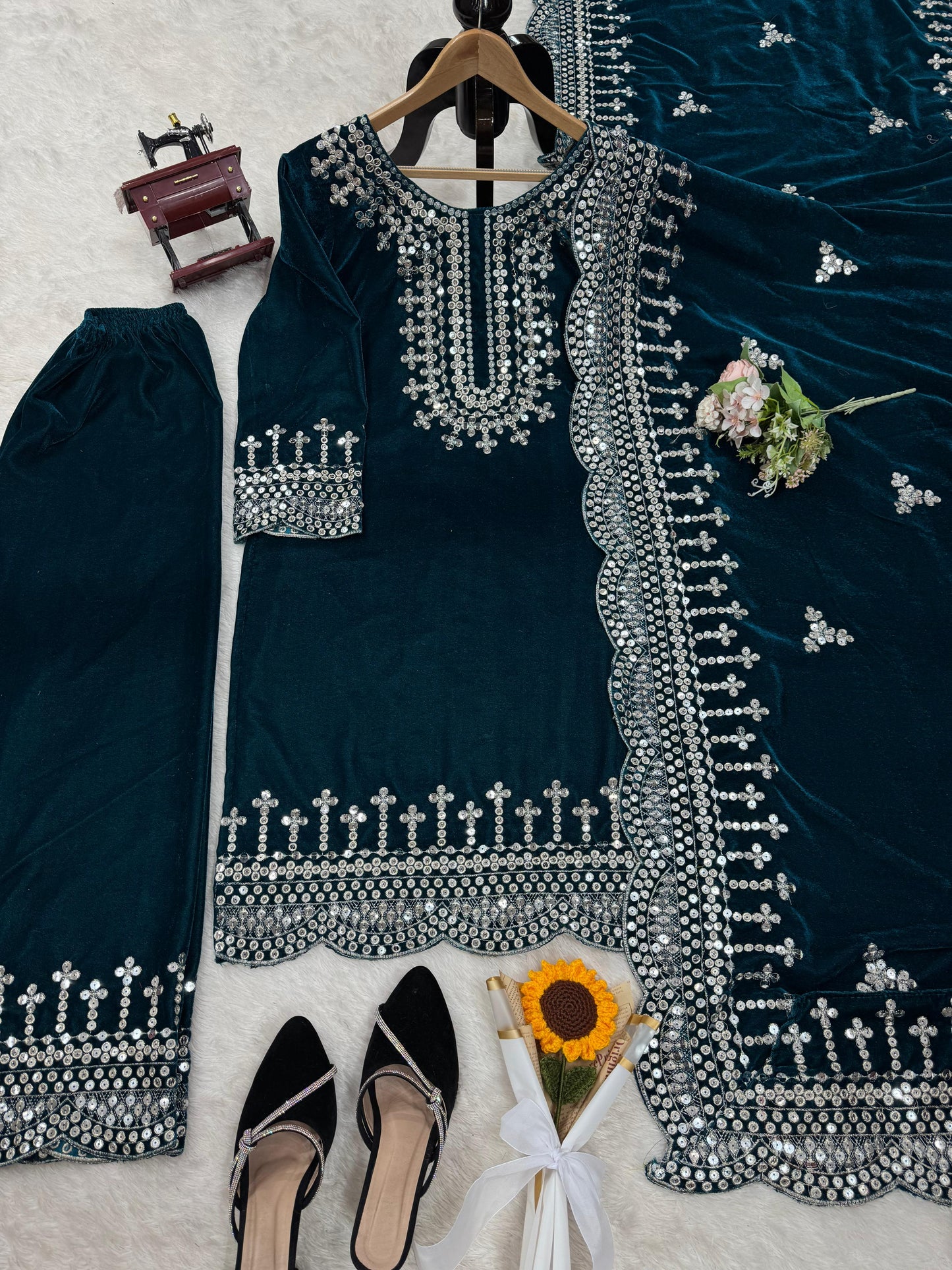 Eyes Catching Teal Green Color Viscos Velvet And Thread With Sequence Work Designer Salwar Suit