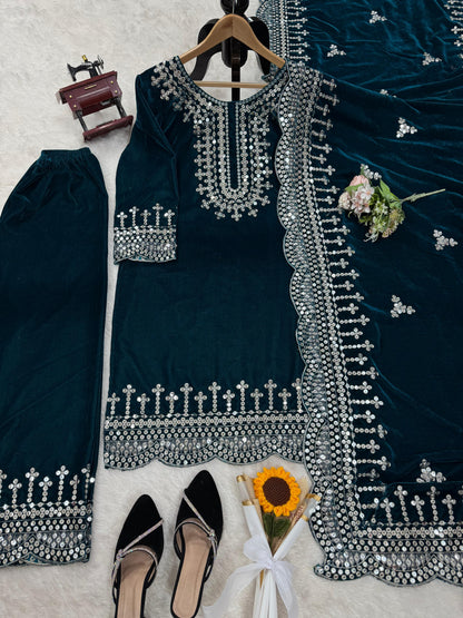 Eyes Catching Teal Green Color Viscos Velvet And Thread With Sequence Work Designer Salwar Suit