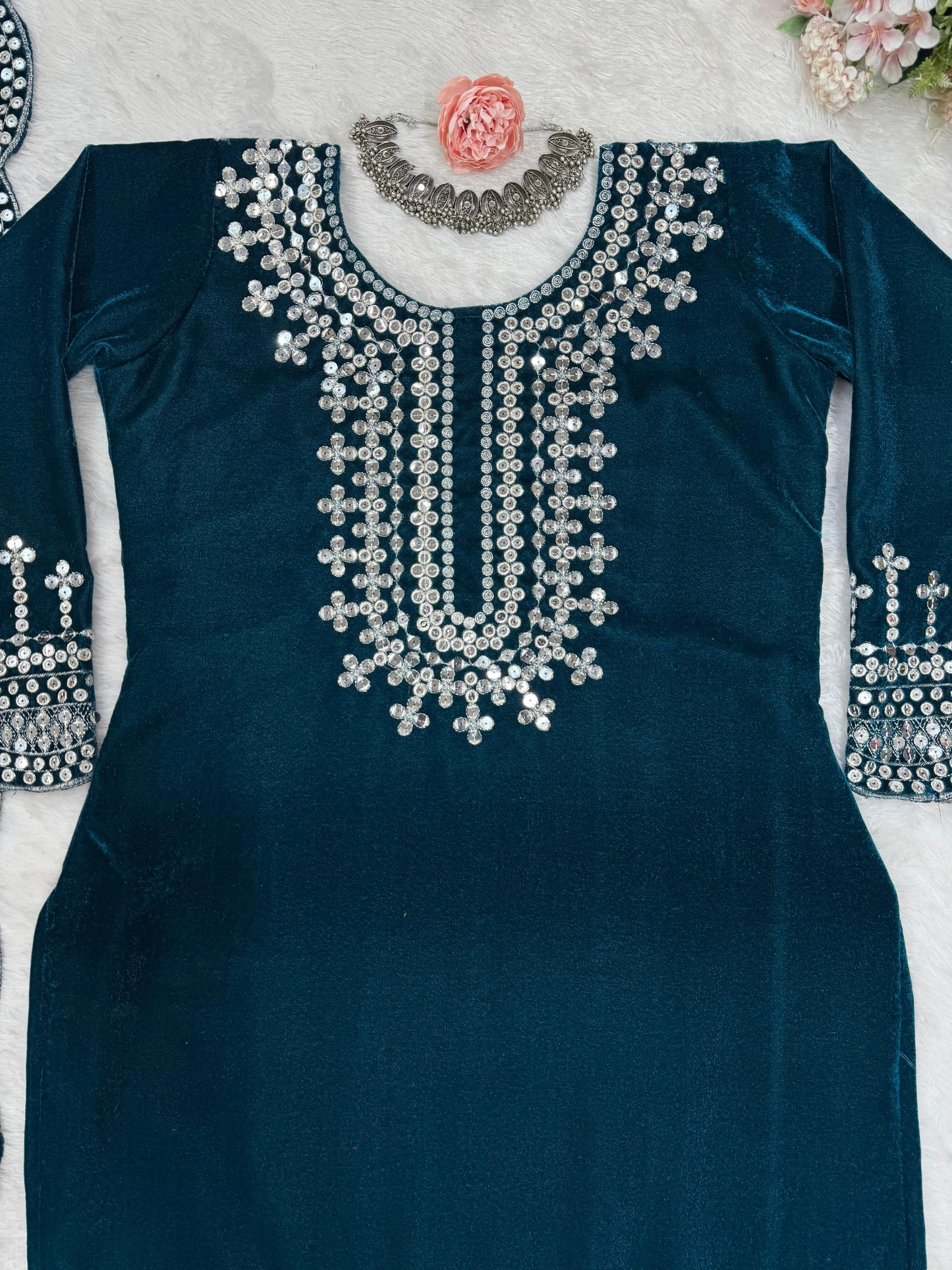 Eyes Catching Teal Green Color Viscos Velvet And Thread With Sequence Work Designer Salwar Suit