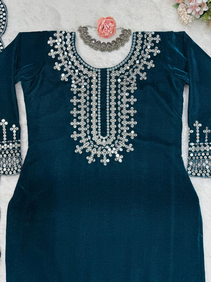 Eyes Catching Teal Green Color Viscos Velvet And Thread With Sequence Work Designer Salwar Suit