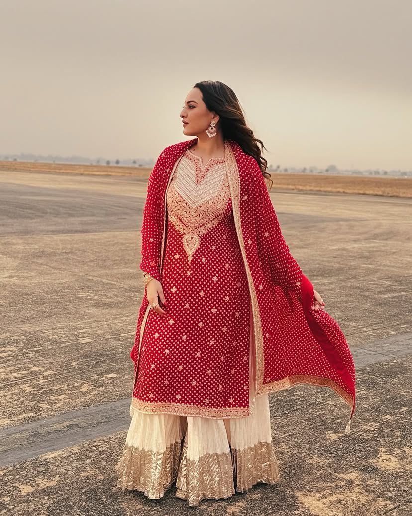 Glossy Red Color Faux Georgette And Embroidery Codding Sequence With Print Work Sharara Suit