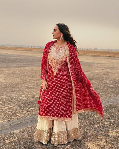 Glossy Red Color Faux Georgette And Embroidery Codding Sequence With Print Work Sharara Suit