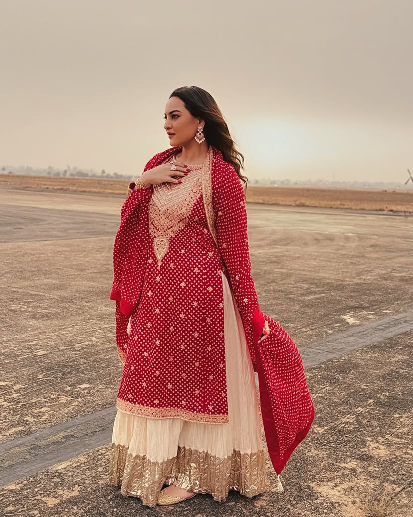Glossy Red Color Faux Georgette And Embroidery Codding Sequence With Print Work Sharara Suit