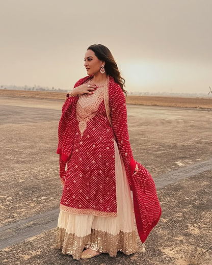 Glossy Red Color Faux Georgette And Embroidery Codding Sequence With Print Work Sharara Suit