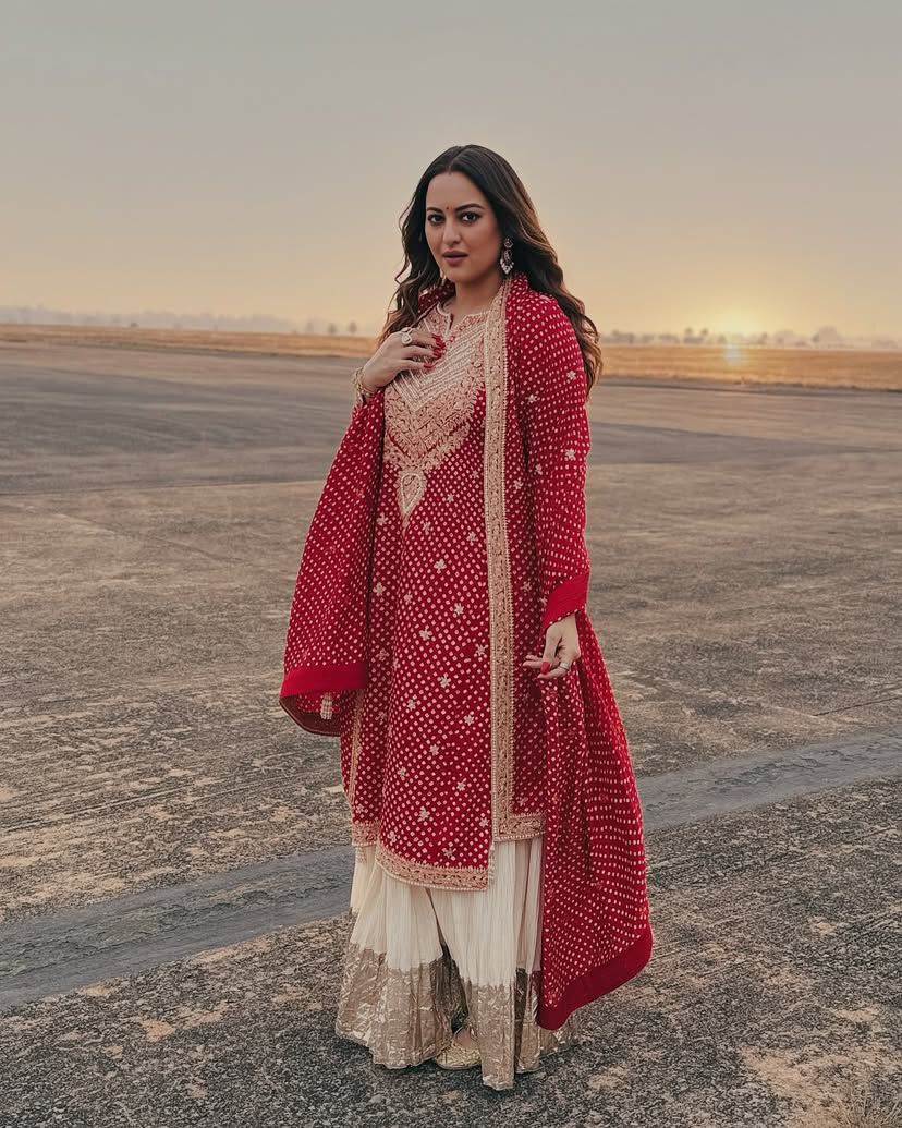 Glossy Red Color Faux Georgette And Embroidery Codding Sequence With Print Work Sharara Suit