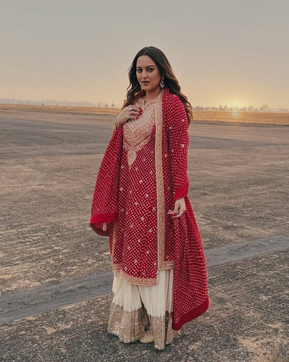 Glossy Red Color Faux Georgette And Embroidery Codding Sequence With Print Work Sharara Suit