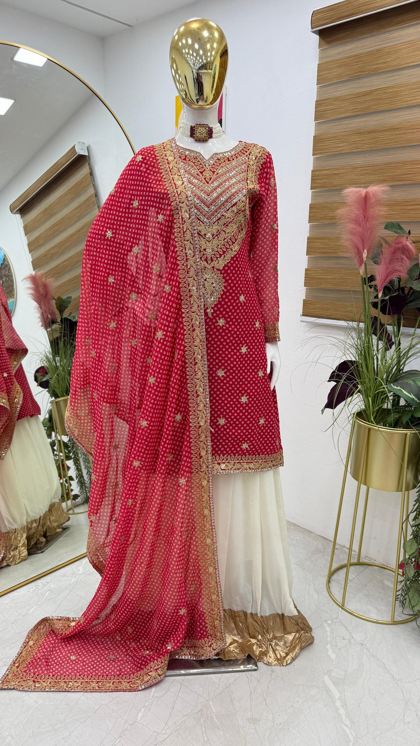 Glossy Red Color Faux Georgette And Embroidery Codding Sequence With Print Work Sharara Suit