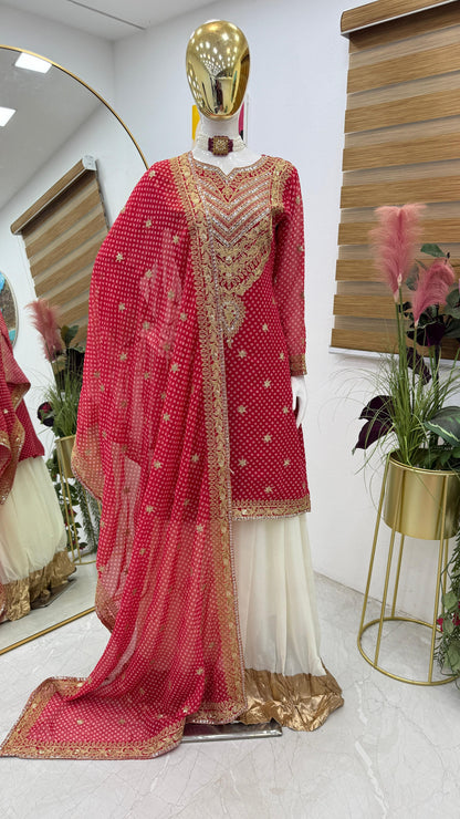 Glossy Red Color Faux Georgette And Embroidery Codding Sequence With Print Work Sharara Suit