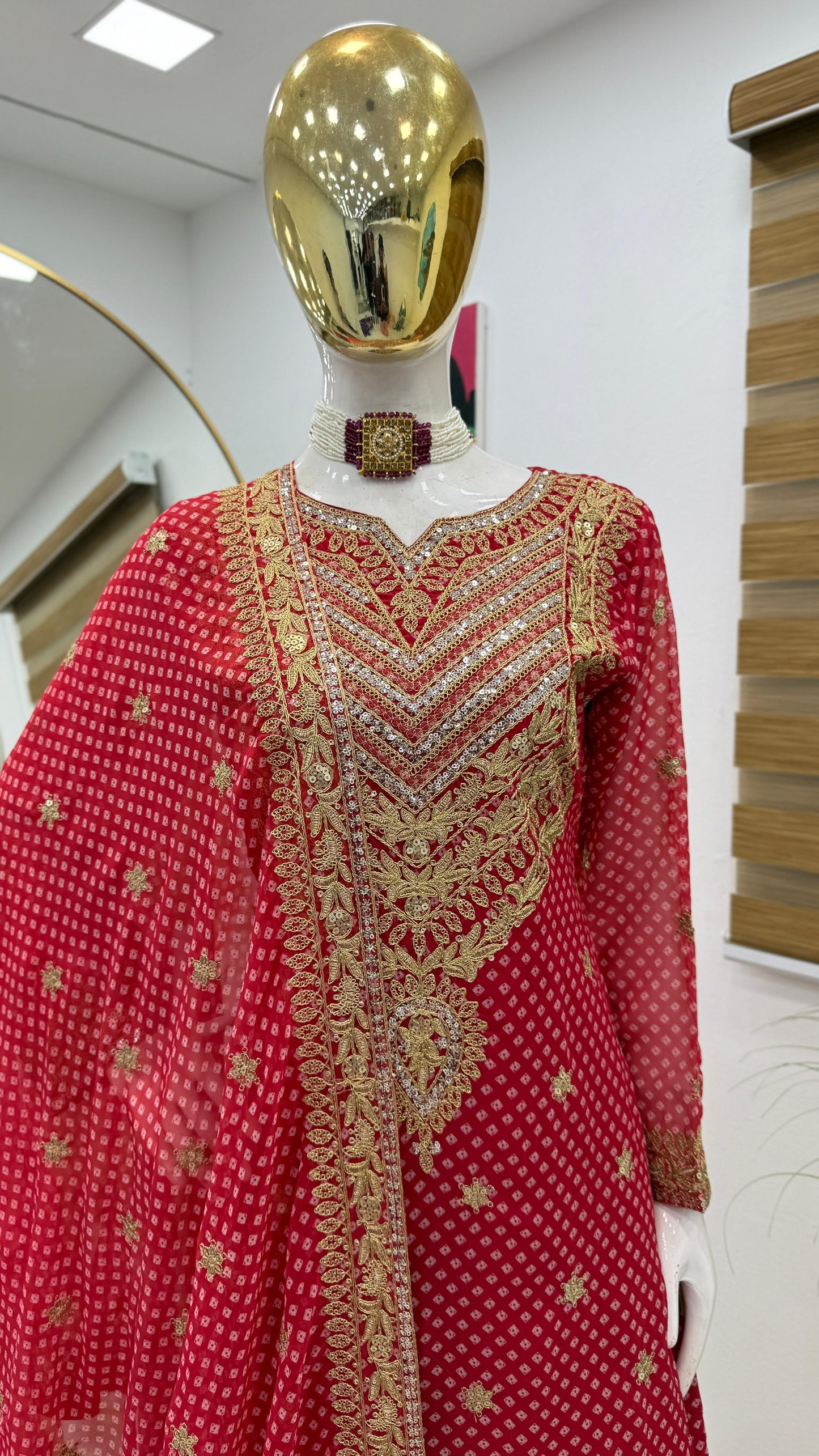 Glossy Red Color Faux Georgette And Embroidery Codding Sequence With Print Work Sharara Suit