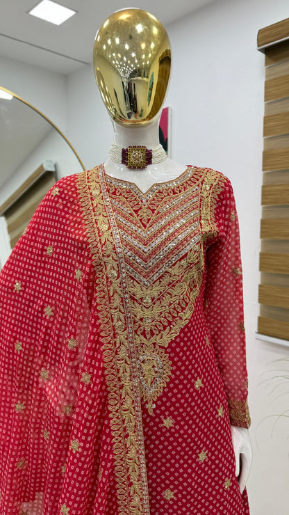 Glossy Red Color Faux Georgette And Embroidery Codding Sequence With Print Work Sharara Suit