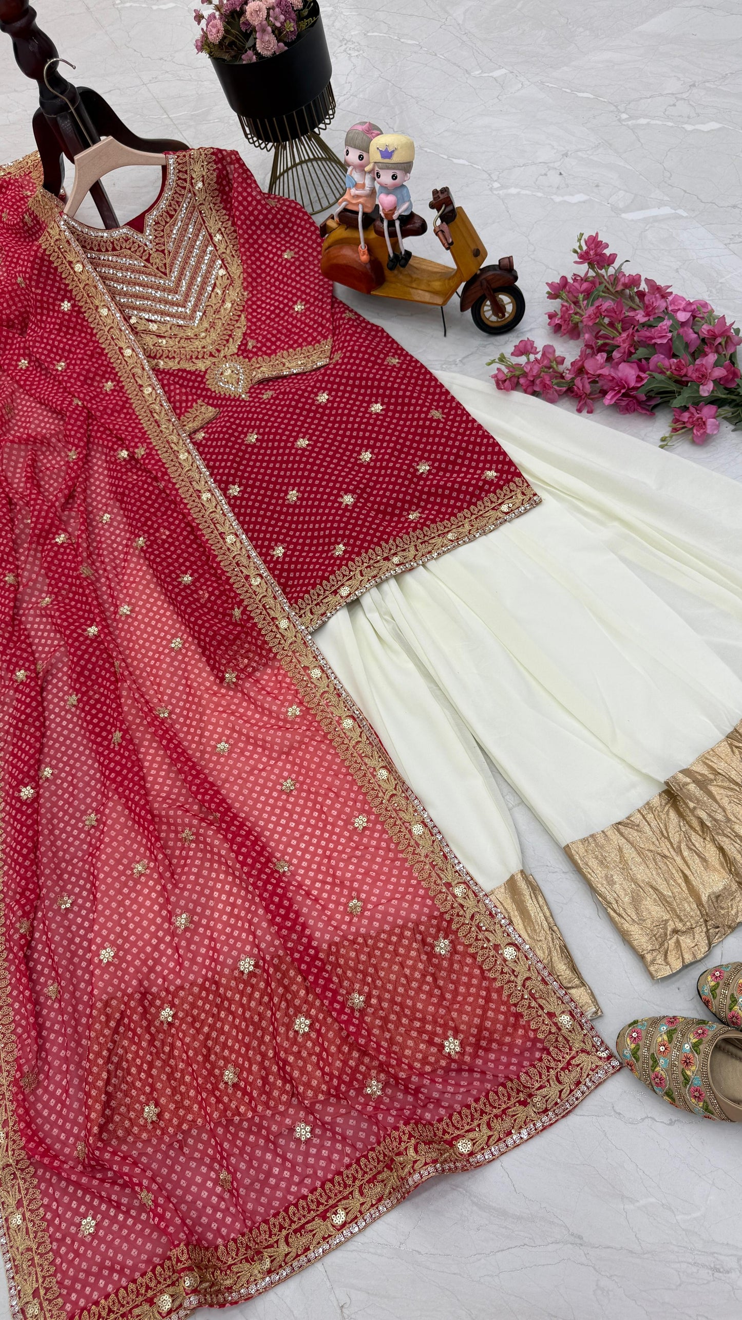 Glossy Red Color Faux Georgette And Embroidery Codding Sequence With Print Work Sharara Suit